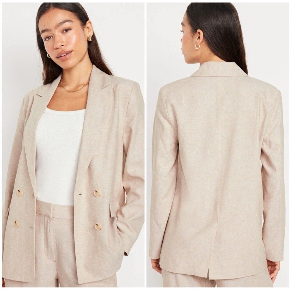 Old Navy Linen Blend Oversized Blazer Womens M Beige Double Breasted Minimalist